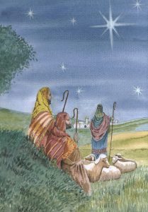 Christmas-Y3-209×300 An image of three shepherds in the middle of sheep, while looking at a bright star in the sky.