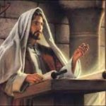 Jesus-as-Teacher-150×150 A painting representing Jesus teaching, with a cloth in His head and a scroll open in front of Him.