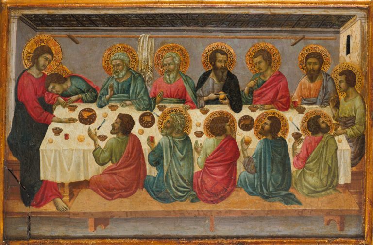 Last-Supper An image of the last supper, showing Jesus and the apostles sitting around a rectulangar table.