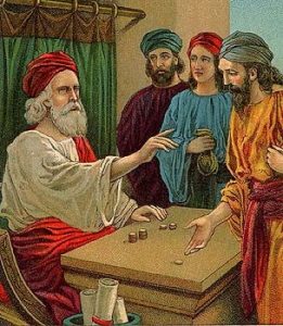 Lent Religious Edu A drawing of 4 people wearing old roman lie robes while discussing over a table.