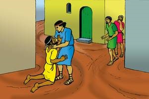 Lent-Y2 A drawing of a man subduing another while two watch from the side looking worried.