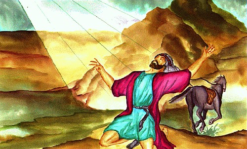 Pentecost-Y3 A man on his knees with his arms up while a light shines on him and his horse runs away in the background.