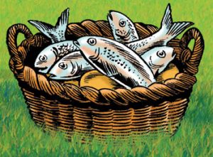 Revelation-EYFS-300×221 A drawing of a basket full of silvered coloured fish and bread on the top of grass.