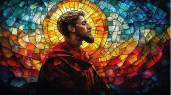 Sstfrancisleprosy An stained glass image of a male saint.